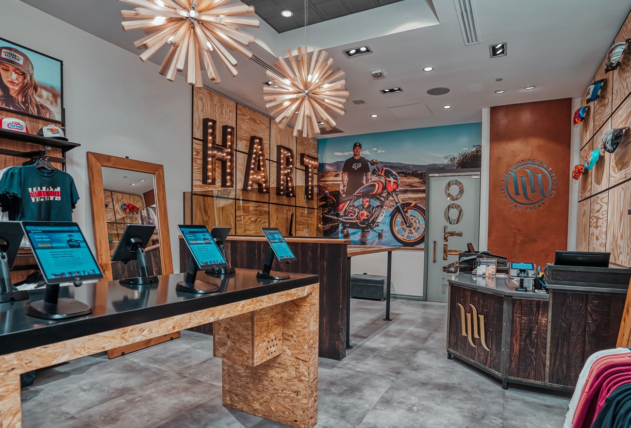 View of our front desk and tattoo design stations at H&amp;H Las Vegas